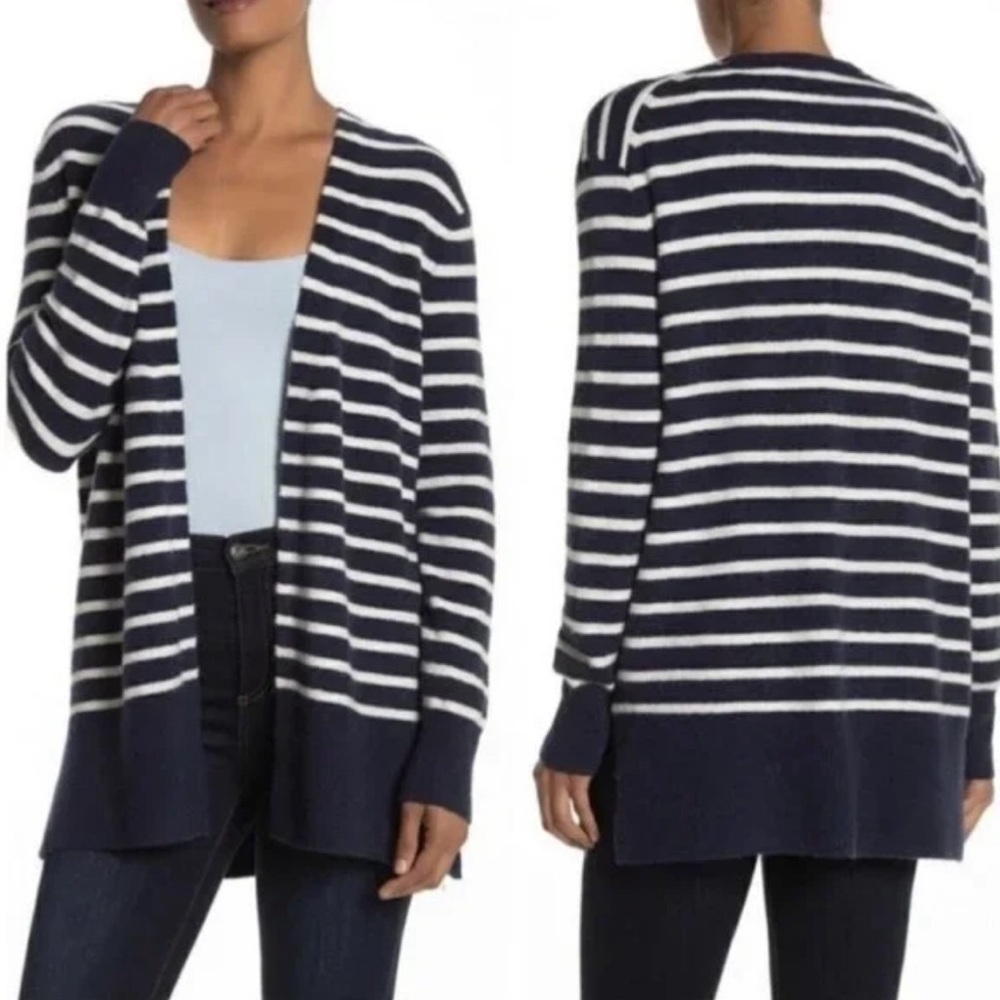 Madewell Cozy Walker Cardigan Sweater Small navy blue white striped wool alpaca